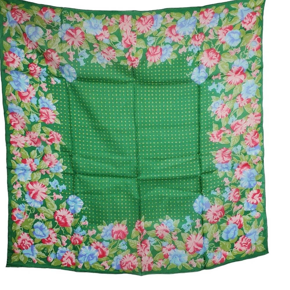 Vintage Silk Scarf Square Green Pink Floral Polka Dot 29"  Hand Rolled